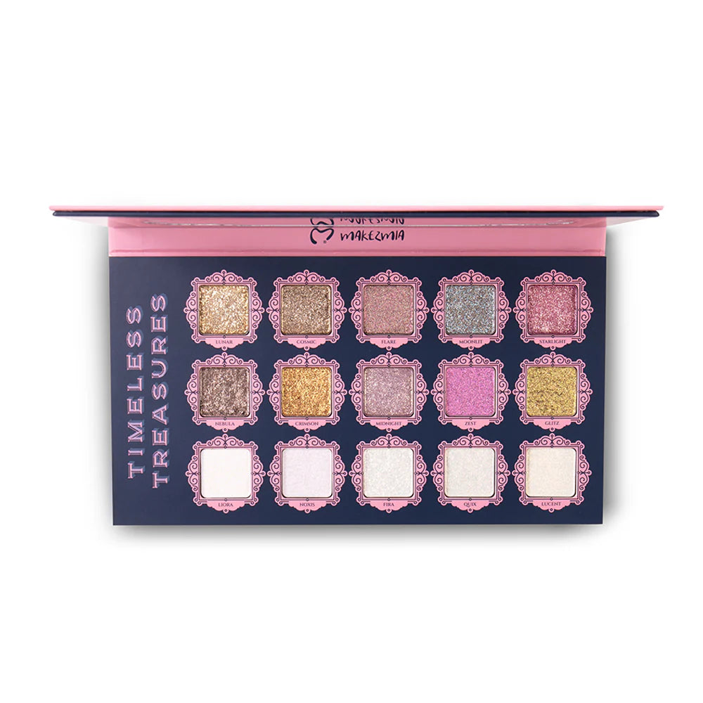 Makezmia Timeless Treasures – 15-Shade Shimmer, Glitter & Holographic Eyeshadow Palette