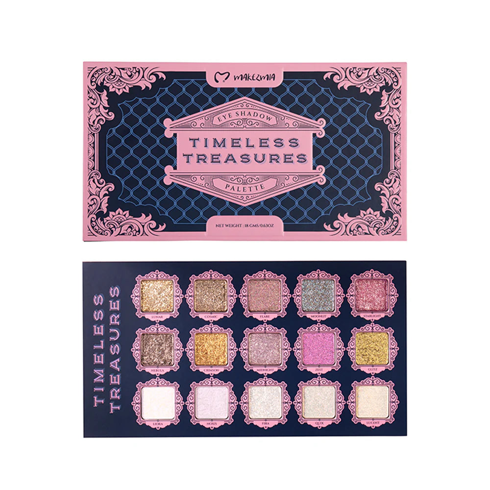 Makezmia Timeless Treasures – 15-Shade Shimmer, Glitter & Holographic Eyeshadow Palette